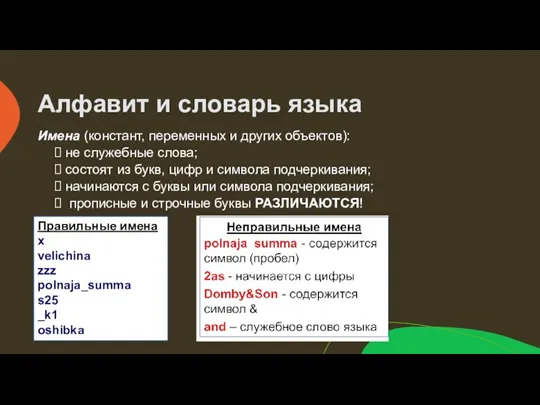 Алфавит и словарь языка Имена (констант, переменных и других объектов): не служебные