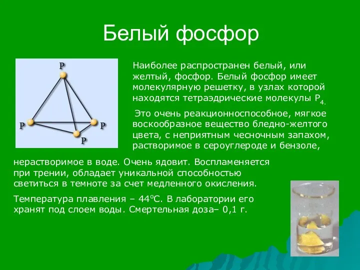 Белый фосфор Наиболее распространен белый, или желтый, фосфор. Белый фосфор имеет молекулярную