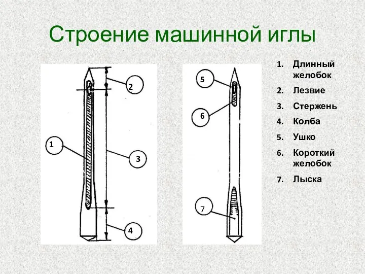 Строение машинной иглы 1 2 3 4 3 3 7 6 5