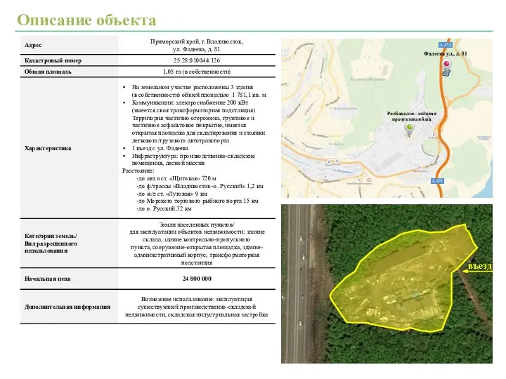 Описание объекта Владивосток Владивосток Владивосток Сочи РосБакалея – оптовая продуктовая база въезд Фадеева ул., д. 81