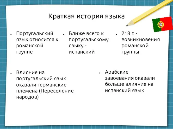 Краткая история языка Португальский язык относится к романской группе Ближе всего к