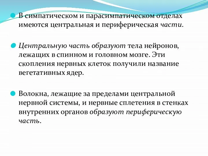 В симпатическом и парасимпатическом отделах имеются центральная и периферическая части. Центральную часть