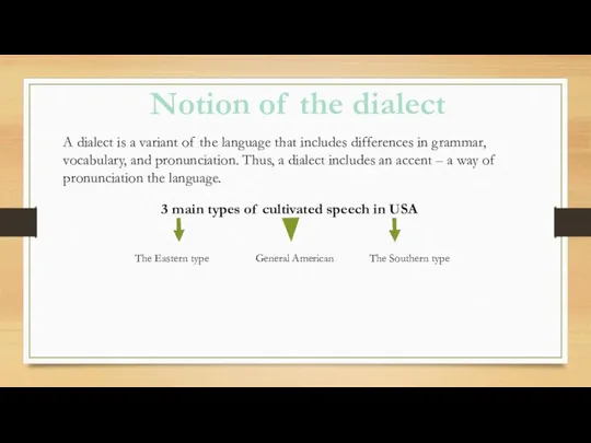 Notion of the dialect A dialect is a variant of the language