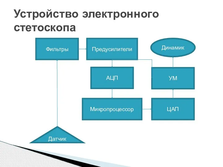 Устройство электронного стетоскопа Фильтры Датчик Предусилители АЦП Микропроцессор ЦАП УМ Динамик