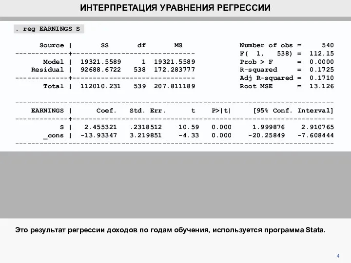 . reg EARNINGS S Source | SS df MS Number of obs