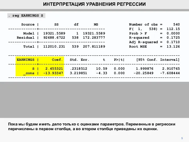 5 Пока мы будем иметь дело только с оценками параметров. Переменные в