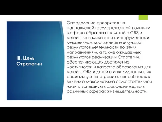 III. Цель Стратегии Определение приоритетных направлений государственной политики в сфере образования детей