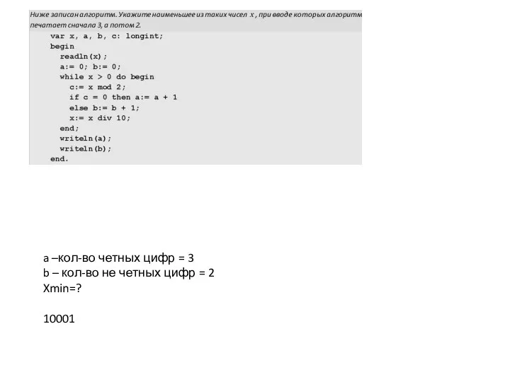 a –кол-во четных цифр = 3 b – кол-во не четных цифр = 2 Xmin=? 10001
