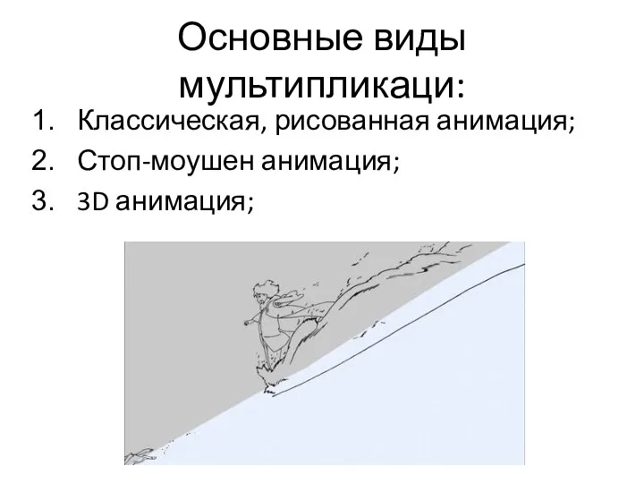 Основные виды мультипликаци: Классическая, рисованная анимация; Стоп-моушен анимация; 3D анимация;