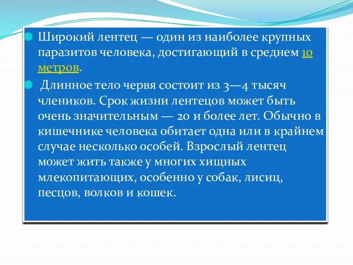 Широкий лентец — один из наиболее крупных паразитов человека, достигающий в среднем