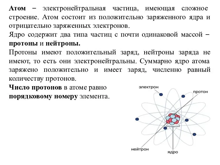 Атом – электронейтральная частица, имеющая сложное строение. Атом состоит из положительно заряженного