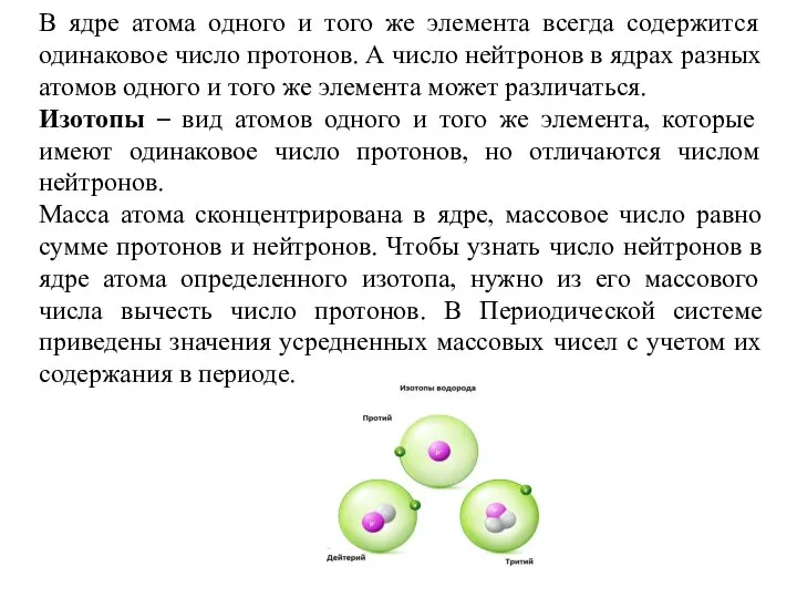 В ядре атома одного и того же элемента всегда содержится одинаковое число