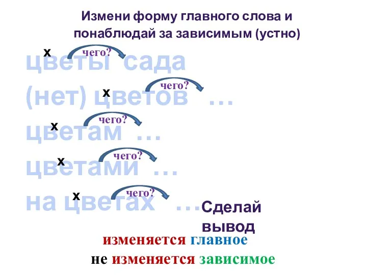 Измени форму главного слова и понаблюдай за зависимым (устно) цветы сада (нет)