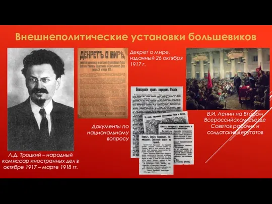 Внешнеполитические установки большевиков Л.Д. Троцкий – народный комиссар иностранных дел в октябре