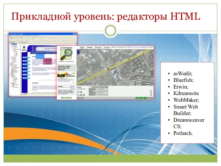 Прикладной уровень: редакторы HTML asWedit; Bluefish; Erwin; Kdreamsite WebMaker; Smart Web Builder; Dreamweaver CS; Potlatch.