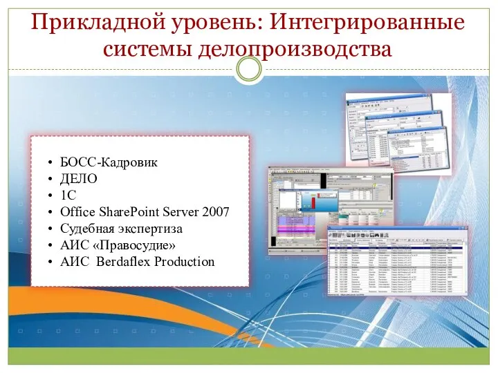 Прикладной уровень: Интегрированные системы делопроизводства БОСС-Кадровик ДЕЛО 1С Office SharePoint Server 2007