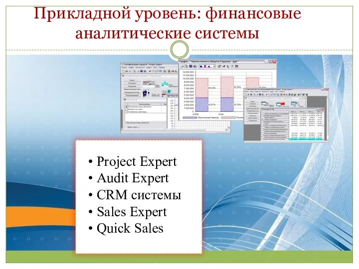 Прикладной уровень: финансовые аналитические системы Project Expert Audit Expеrt CRM системы Sales Expert Quick Sales
