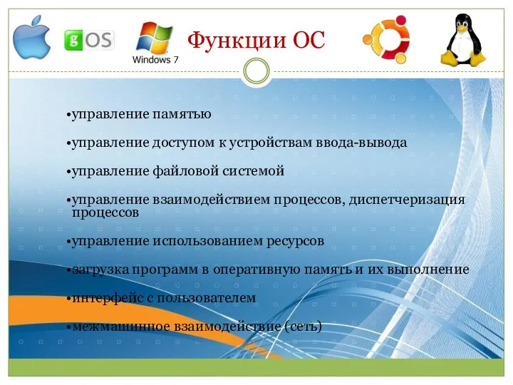 Функции ОС управление памятью; управление доступом к устройствам ввода-вывода; управление файловой системой;