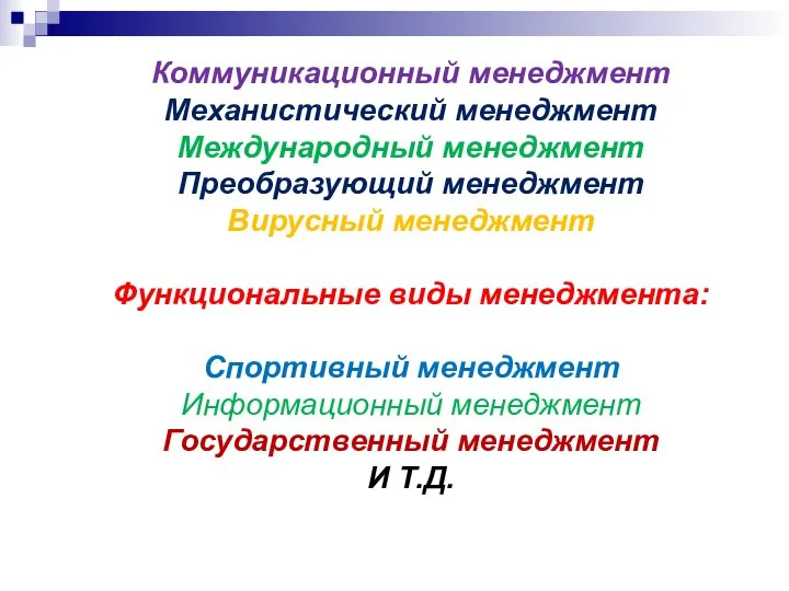 Коммуникационный менеджмент Механистический менеджмент Международный менеджмент Преобразующий менеджмент Вирусный менеджмент Функциональные виды