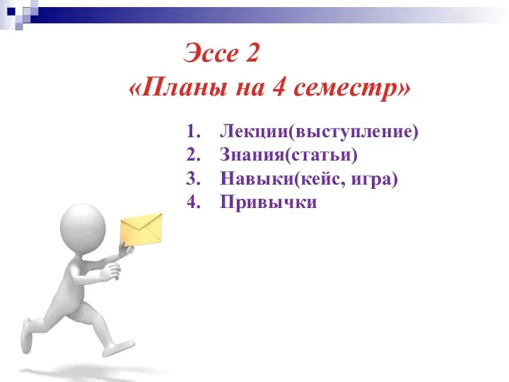 Эссе 2 «Планы на 4 семестр» Лекции(выступление) Знания(статьи) Навыки(кейс, игра) Привычки