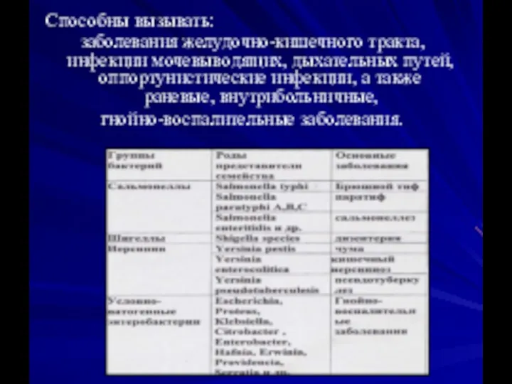 Способны вызывать: заболевания желудочно-кишечного тракта, инфекции мочевыводящих, дыхательных путей, оппортунистические инфекции, а