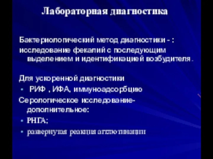 Лабораторная диагностика Бактериологический метод диагностики - : исследование фекалий с последующим выделением