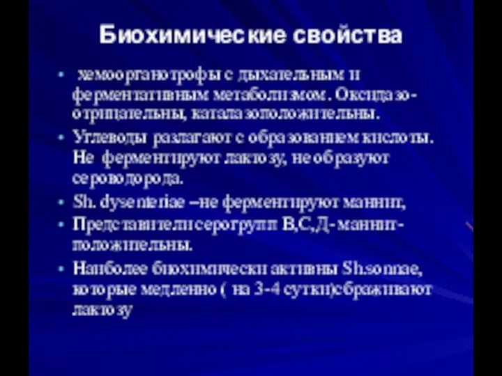 Биохимические свойства хемоорганотрофы с дыхательным и ферментативным метаболизмом. Оксидазо-отрицательны, каталазоположительны. Углеводы разлагают