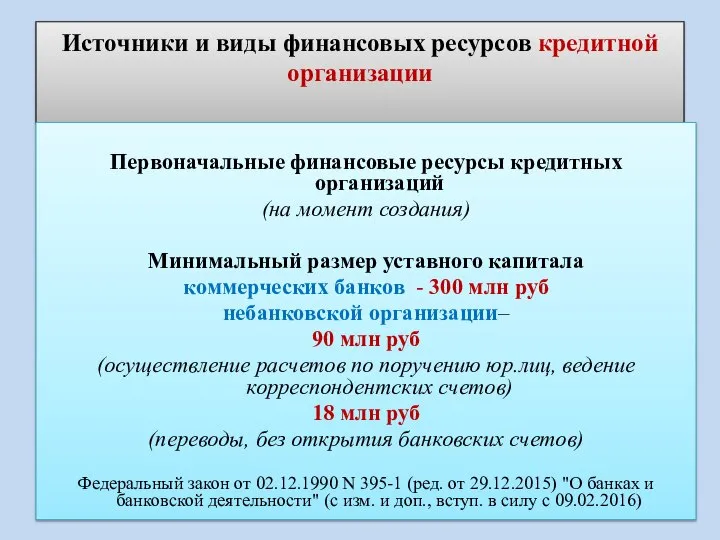 Источники и виды финансовых ресурсов кредитной организации Первоначальные финансовые ресурсы кредитных организаций