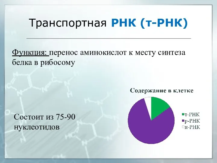 Транспортная РНК (т-РНК) Функция: перенос аминокислот к месту синтеза белка в рибосому Состоит из 75-90 нуклеотидов