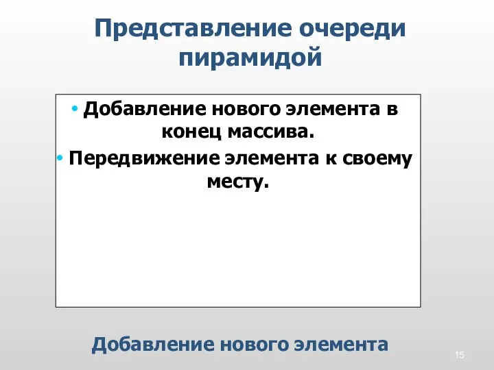 Представление очереди пирамидой Добавление нового элемента Добавление нового элемента в конец массива.