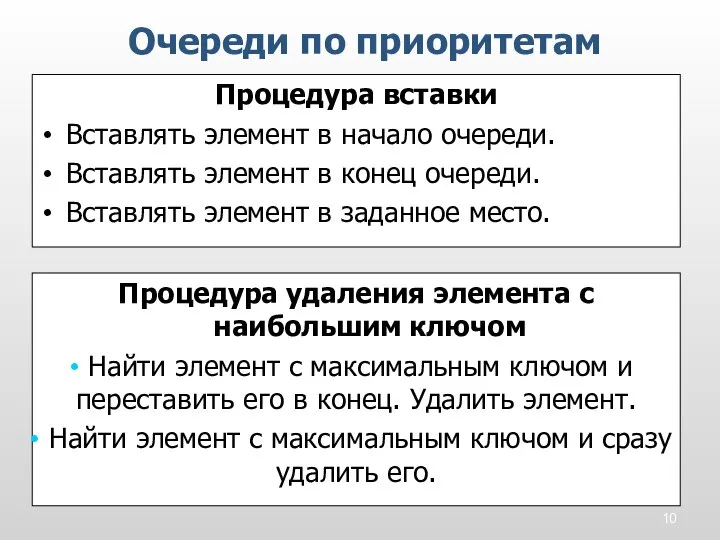 Процедура вставки Вставлять элемент в начало очереди. Вставлять элемент в конец очереди.