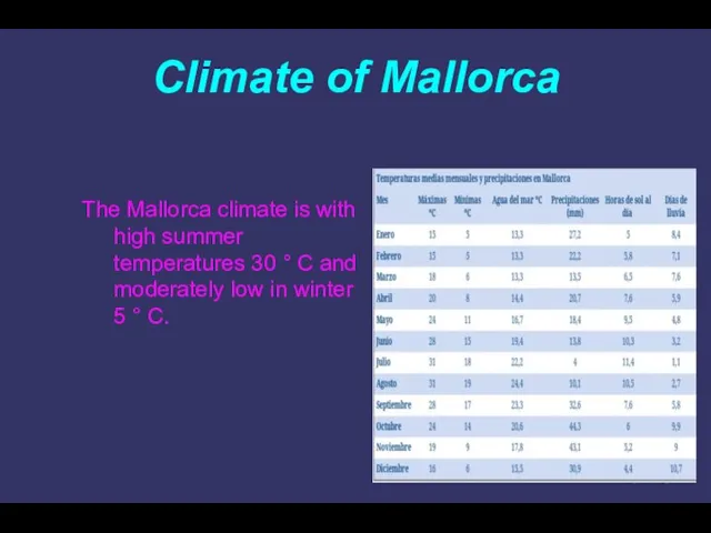 Climate of Mallorca The Mallorca climate is with high summer temperatures 30