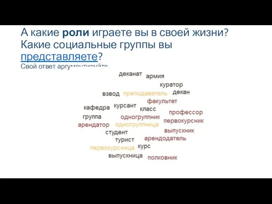 А какие роли играете вы в своей жизни? Какие социальные группы вы представляете? Свой ответ аргументируйте.