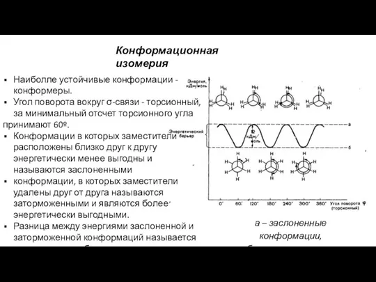 Наиболле устойчивые конформации - конформеры. Угол поворота вокруг σ-связи - торсионный, за