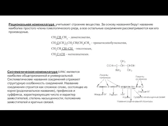 Рациональная номенклатура учитывает строение вещества. За основу названия берут название наиболее простого