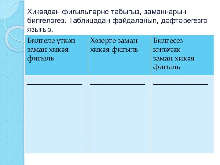 Хикәядән фигыльләрне табыгыз, заманнарын билгеләгез. Таблицадан файдаланып, дәфтәрегезгә языгыз.