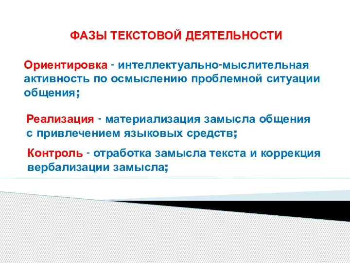 ФАЗЫ ТЕКСТОВОЙ ДЕЯТЕЛЬНОСТИ Ориентировка - интеллектуально-мыслительная активность по осмыслению проблемной ситуации общения;