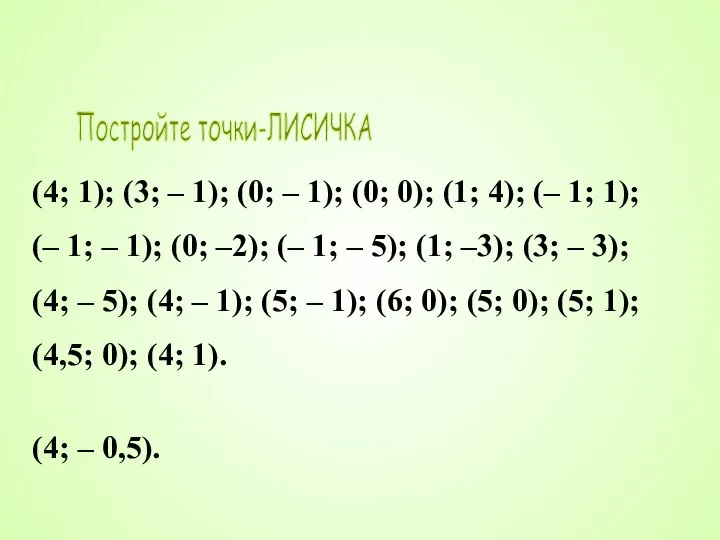 Постройте точки-ЛИСИЧКА (4; 1); (3; – 1); (0; – 1); (0; 0);