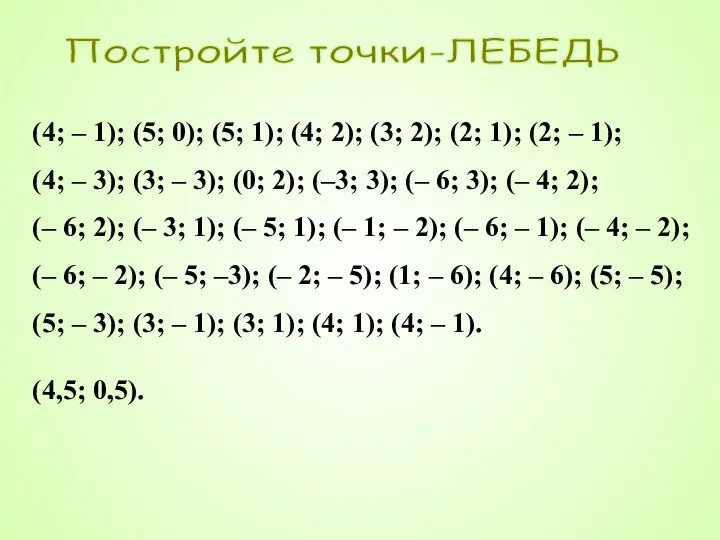 Постройте точки-ЛЕБЕДЬ (4; – 1); (5; 0); (5; 1); (4; 2); (3;