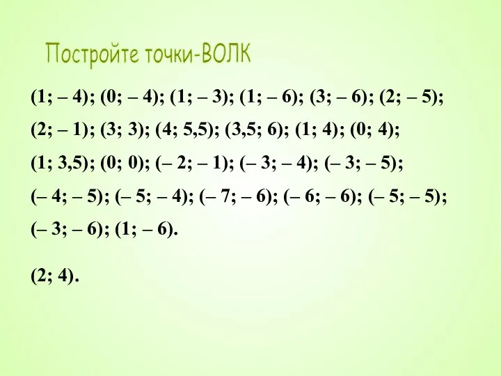 Постройте точки-ВОЛК (1; – 4); (0; – 4); (1; – 3); (1;