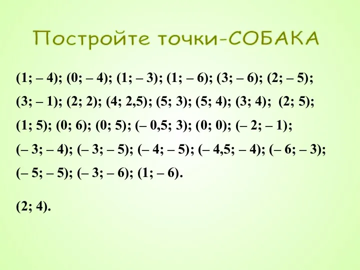 Постройте точки-СОБАКА (1; – 4); (0; – 4); (1; – 3); (1;