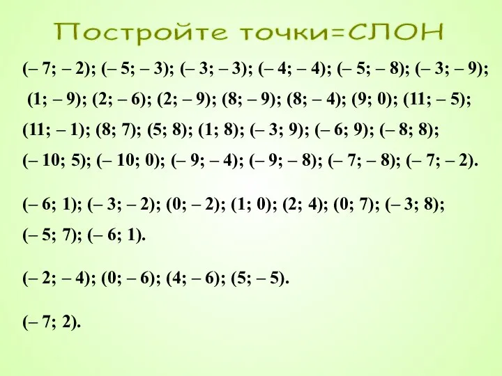 Постройте точки=СЛОН (– 7; – 2); (– 5; – 3); (– 3;