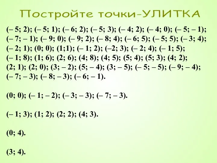 Постройте точки-УЛИТКА (– 5; 2); (– 5; 1); (– 6; 2); (–