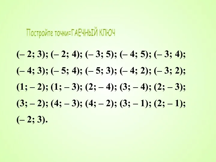 Постройте точки=ГАЕЧНЫЙ КЛЮЧ (– 2; 3); (– 2; 4); (– 3; 5);