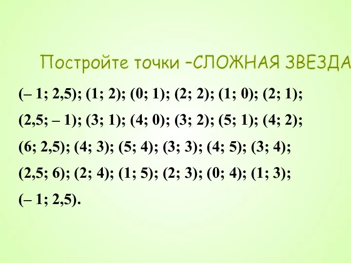 Постройте точки –СЛОЖНАЯ ЗВЕЗДА (– 1; 2,5); (1; 2); (0; 1); (2;