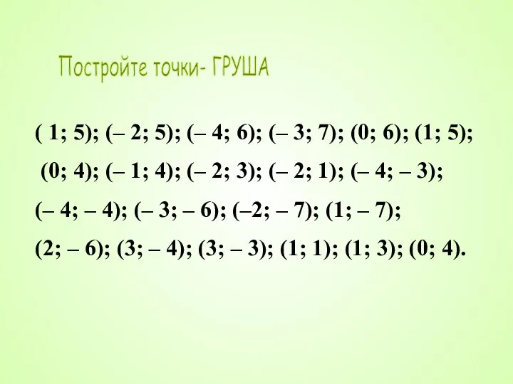 Постройте точки- ГРУША ( 1; 5); (– 2; 5); (– 4; 6);