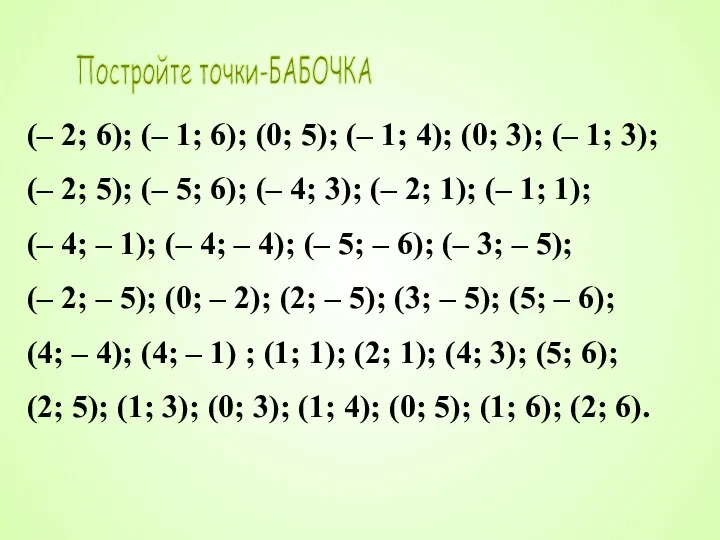 Постройте точки-БАБОЧКА (– 2; 6); (– 1; 6); (0; 5); (– 1;