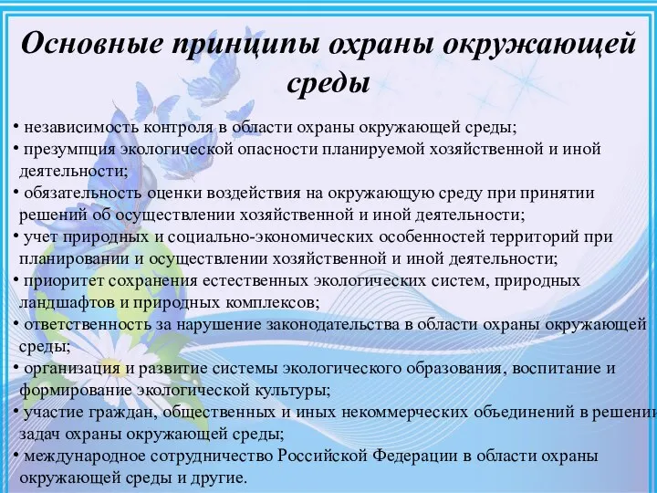 Основные принципы охраны окружающей среды независимость контроля в области охраны окружающей среды;