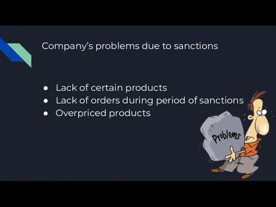 Company’s problems due to sanctions Lack of certain products Lack of orders