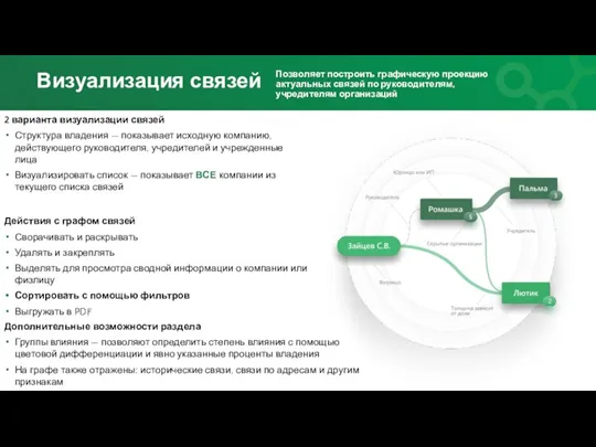 Визуализация связей Позволяет построить графическую проекцию актуальных связей по руководителям, учредителям организаций